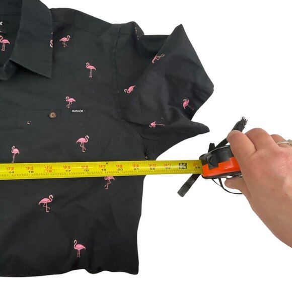 Hurley Black Button-Up Shirt Pink Flamingo Print Short Sleeves Casual Vacation L - Picture 7 of 12